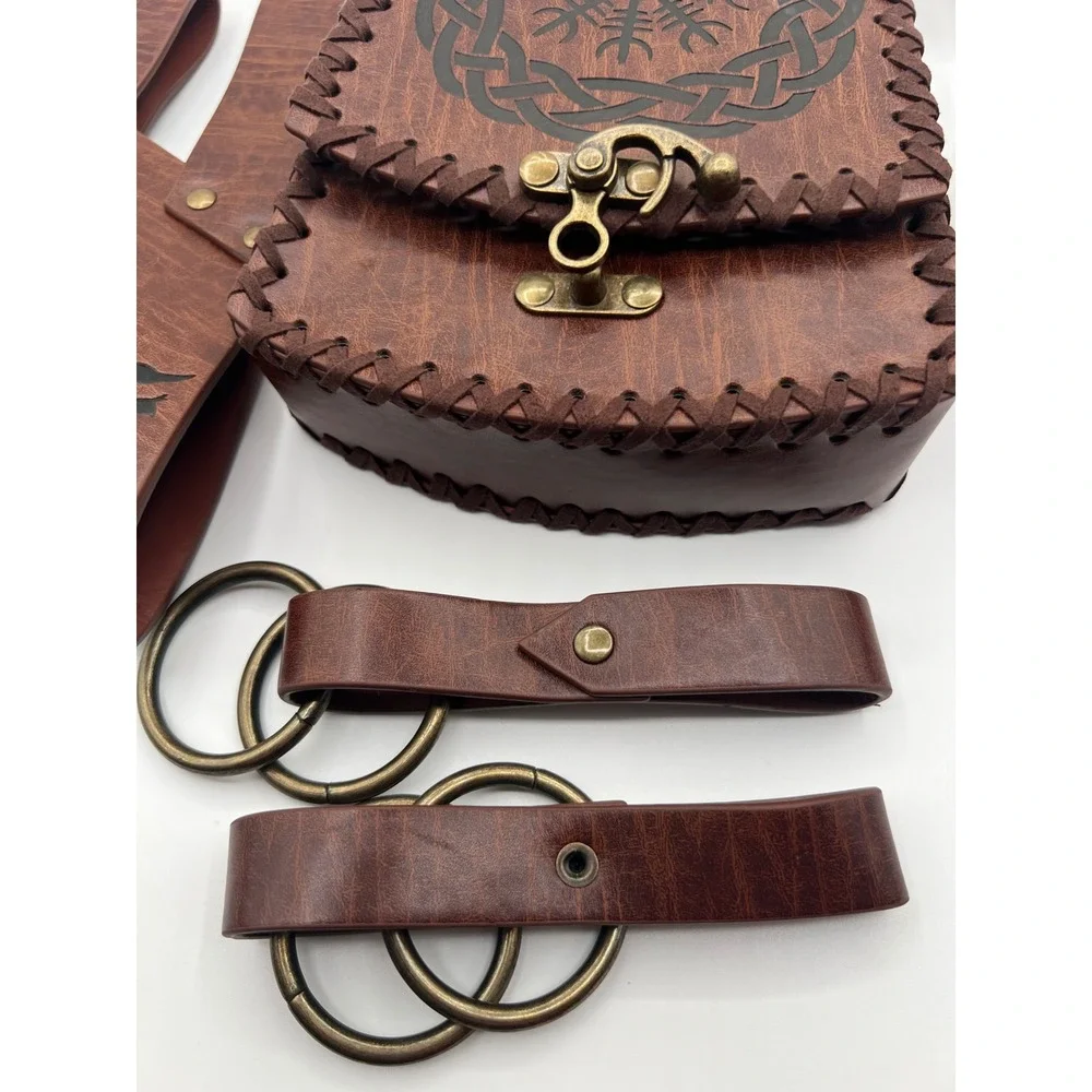 HiiFeuer Viking Renaissance Belt Pouch Frog Set Brown Faux Leather Cosplay LARP
